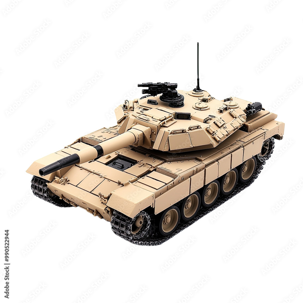 Fototapeta premium Battle tank, beige color with black stripes on the sides and roof, on Transparent background,