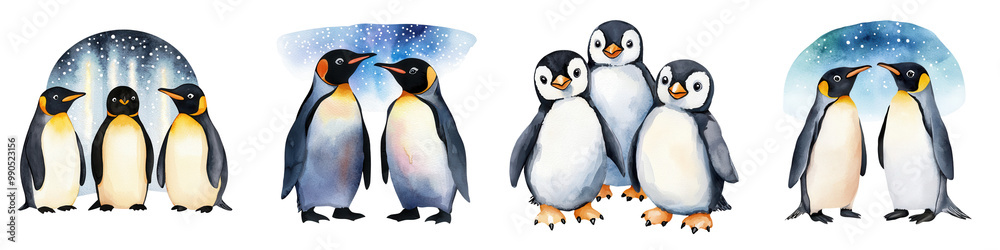 Fototapeta premium Four adorable penguins in various poses, showcasing their charm and playfulness on a white isolated background.