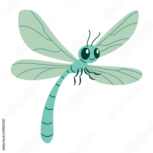 Flat vector illustration on white background. Cute dragonfly in children's style . Vector illustration