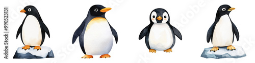 Four adorable penguins standing on ice, showcasing their unique features and playful nature.