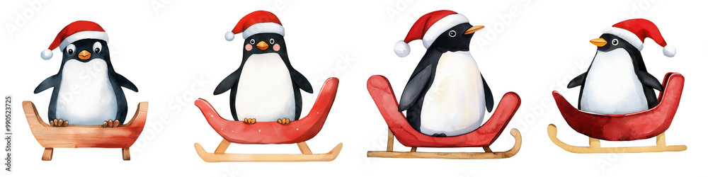 Obraz premium Four festive penguins in red sleds, wearing Santa hats, white isolate background.