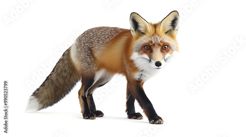 A red fox with a bushy tail stands on a white background, looking directly at the camera.
