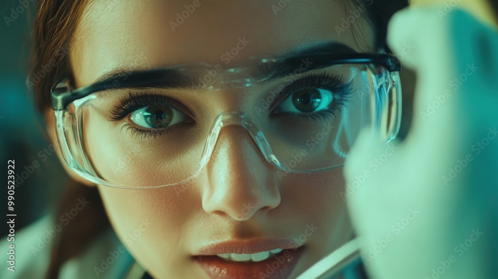 Close-up of a woman's face, wearing safety glasses, looking intently with a serious expression.