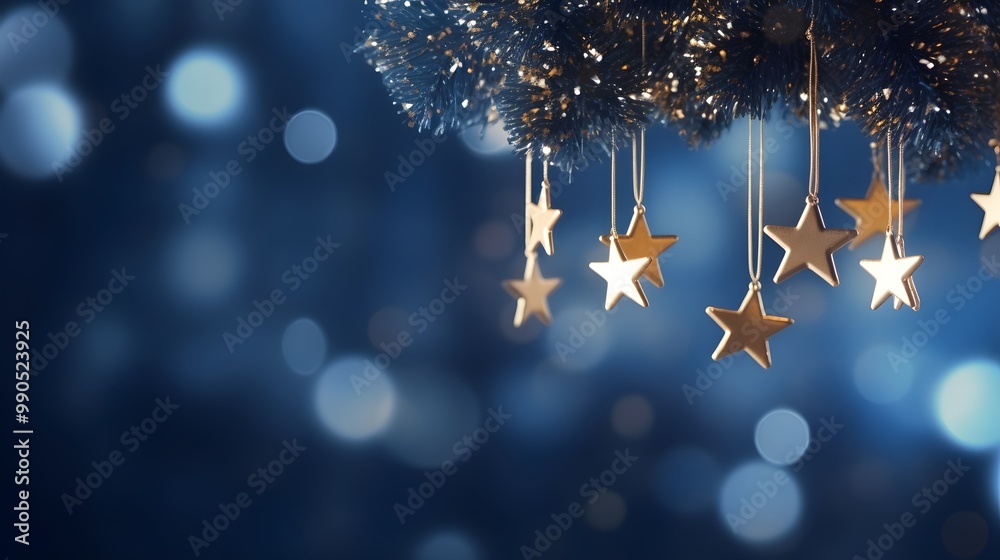 Star ornaments, Fir tree branches, Blue background christmas lights bokeh lights, with copy space for text, HD, Christmas greeting invitation card, banner background Star ornaments, Fir tree branches, Blue background christmas lights bokeh lights, with copy space for text, HD, Christmas greeting invitation card, banner background