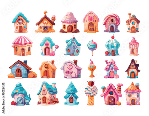 Candy houses cartoon vector set. Sweets caramel cake cream cookie lollipop berry chocolate ice cream cute fantasy desert little homes confectionery buildings, illustration isolated on white background