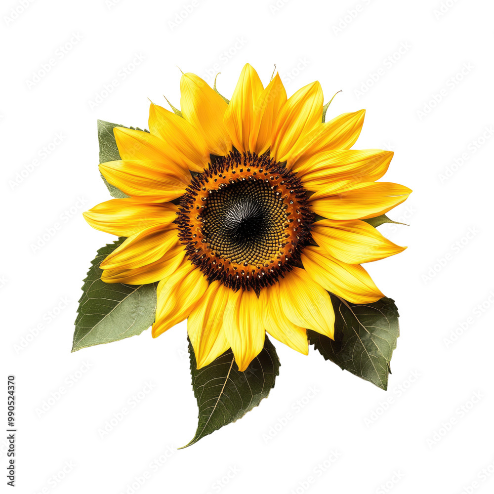 Obraz premium A bright yellow sunflower with its petals outstretched, centered on a Transparent background,
