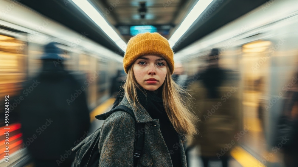 Young woman with blonde hair and a yellow beanie standing in a subway station with a blurred background.
