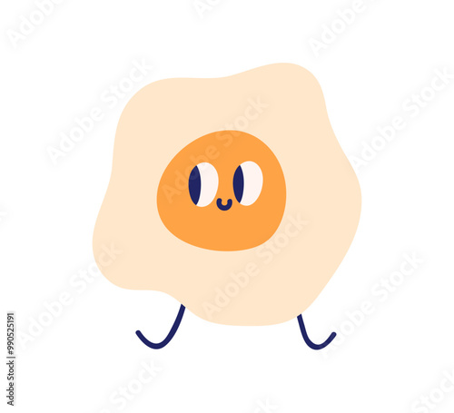 Fried egg character with cute happy face. Funny quirky playful breakfast food...