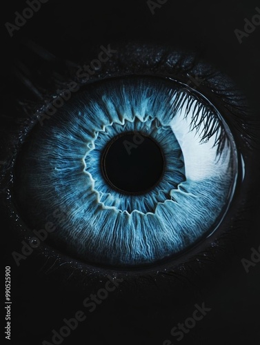 A single blue iris eye texture in the middle of a black background, realistic photography