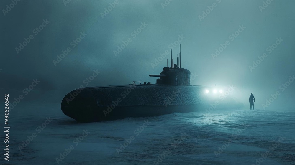 A submarine emerging from the Arctic ice, a foggy night, with an armored tank on its roof - a cinematic movie still A submarine emerging from the Arctic ice, a foggy night, with an armored tank on its roof - a cinematic movie still
