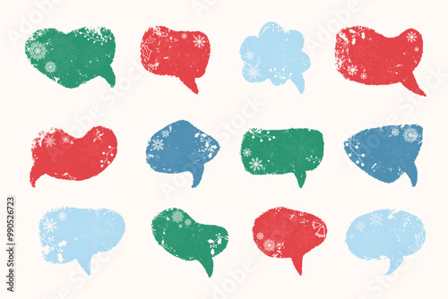 Christmas grunge speech bubbles with snowflakes, holly branch, bells and decorations. Empty xmas chat boxes set.
