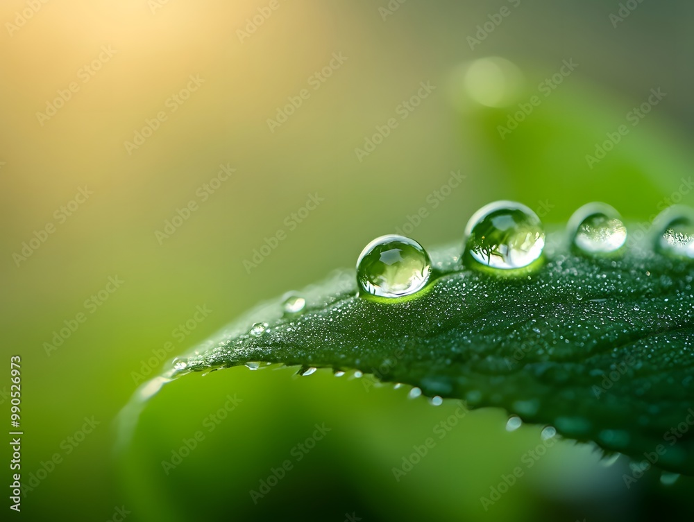 Close-up of water droplets on a green leaf. Close-up of water droplets on a green leaf.