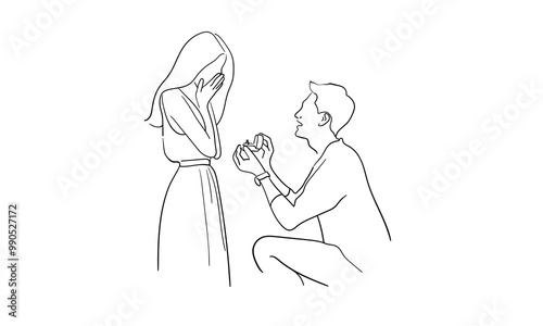 Wedding proposal continuous line art drawing isolated on white background. Guy on his knee gives a ring to a girl. Present outline. Vector illustration