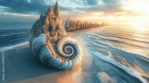 Surreal Shell Castle by the Ocean at Sunset