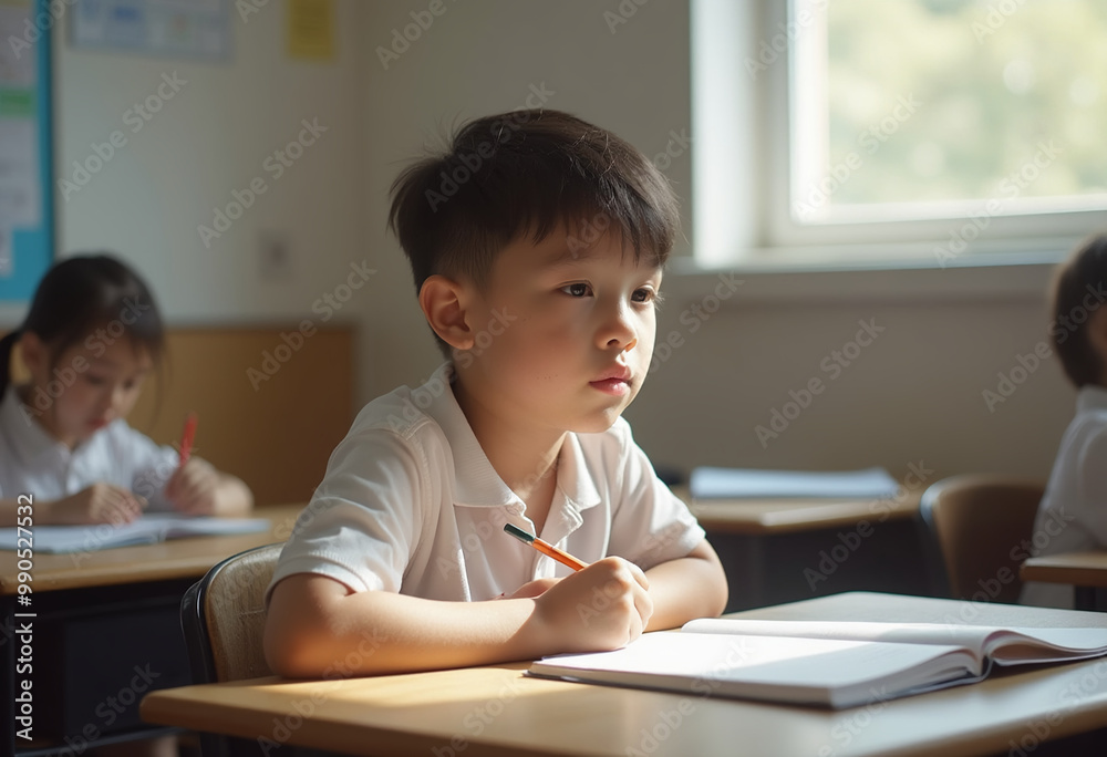 boy sits at desk and writes light background, Al Generation boy sits at desk and writes light background, Al Generation