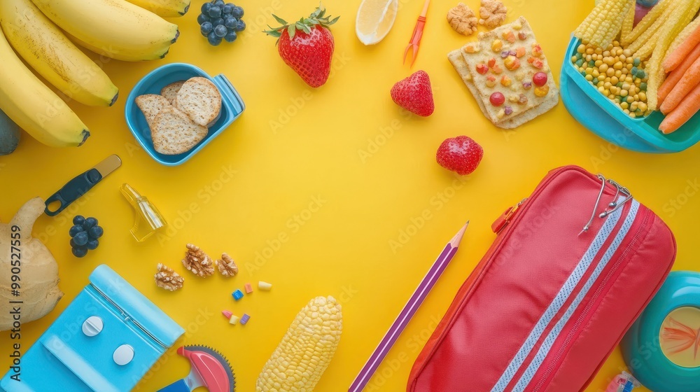 Obraz premium Flat lay of healthy lunch box snacks on a yellow background.
