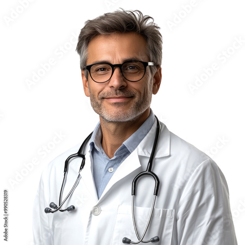 A handsome doctor smiling, wearing glasses and white coat with stethoscope around his neck isolated on clear Transparent background
