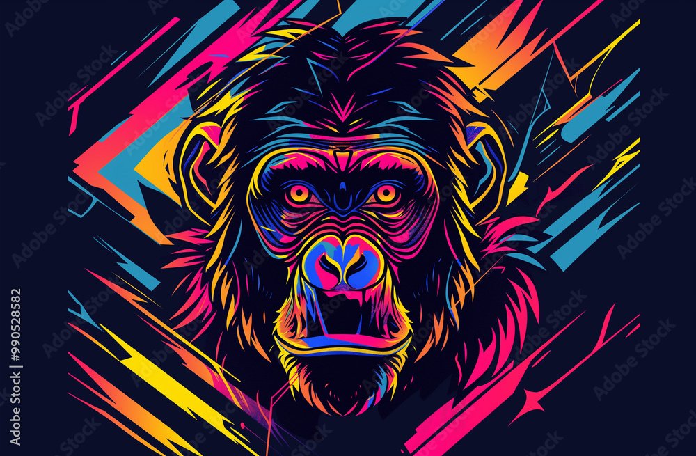 A captivating t-shirt vector illustration of an ape face, showcasing vibrant colors and dynamic shapes in the background A captivating t-shirt vector illustration of an ape face, showcasing vibrant colors and dynamic shapes in the background