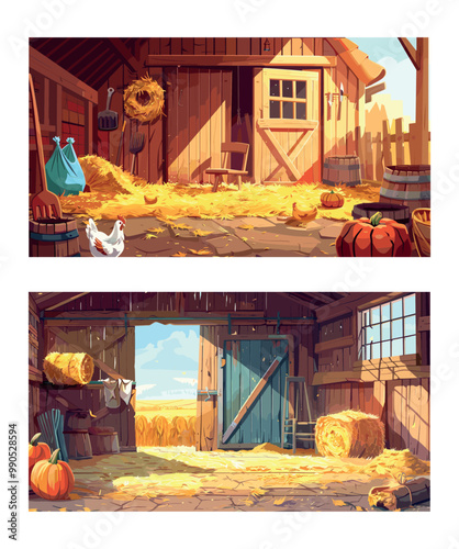 Chickens barn farm cartoon vector scenes. Straw stacks hay pumpkin bags ladder nests window boards old wood rural storage interior countryside concepts