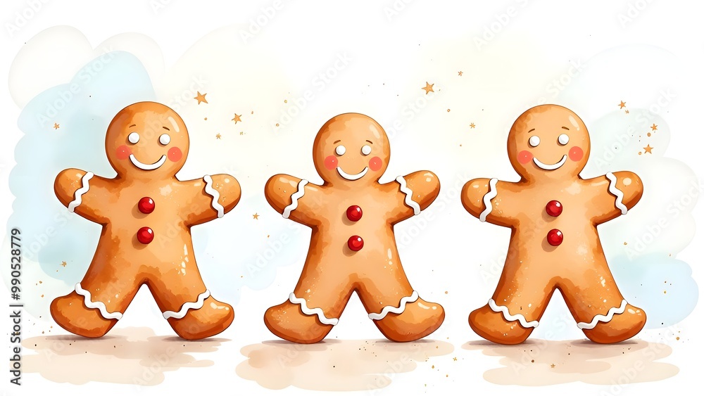 Three gingerbread men holding hands. Smiling man-shaped cookies wearing bows. Greeting card. New Year and Christmas concept. Winter art cartoon style. Pastel beige watercolor background Three gingerbread men holding hands. Smiling man-shaped cookies wearing bows. Greeting card. New Year and Christmas concept. Winter art cartoon style. Pastel beige watercolor background