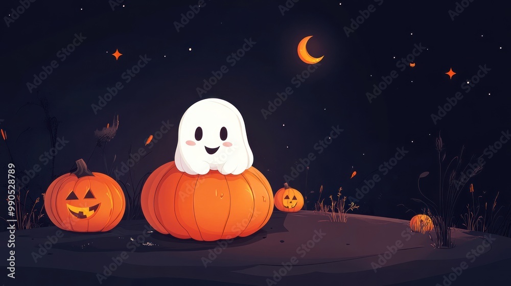 Cute ghost sitting on a pumpkin under a crescent moon and stars. Cute ghost sitting on a pumpkin under a crescent moon and stars.
