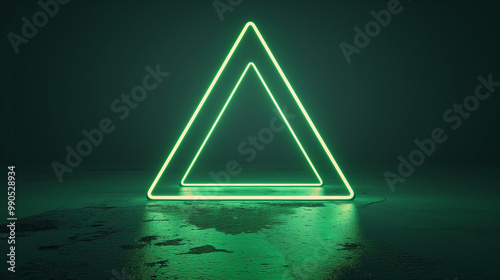 A simple neon light in the shape of an isosceles triangle on a plain background. The glow should be subtle and have a green tint, giving it a futuristic feel