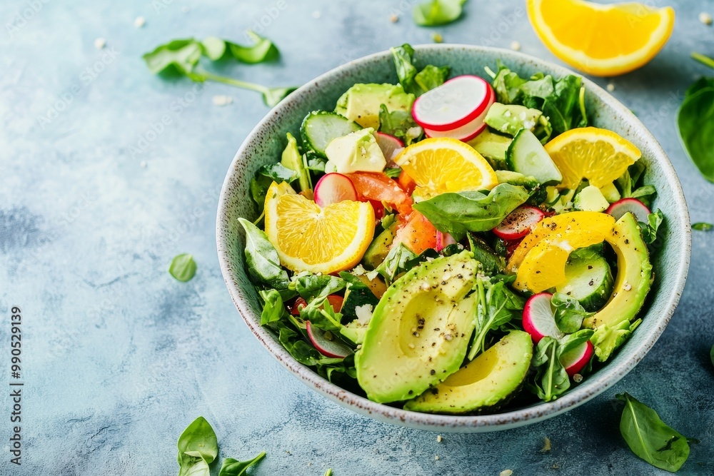 Vegan avocado salad with citrus dressing on bright pastel background with vibrant colors Vegan avocado salad with citrus dressing on bright pastel background with vibrant colors