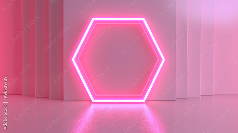 Pink neon hexagon shape on white background Pink neon hexagon shape on white background