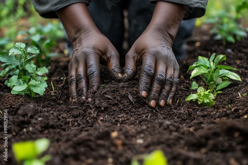 Close-up of a gardener's hands working the soil, surrounded by green plants, symbolizing growth and care in gardening. photo