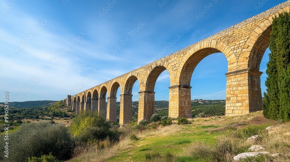A beautiful view of an ancient Roman aqueduct, with its arches framed against a clear blue sky. A beautiful view of an ancient Roman aqueduct, with its arches framed against a clear blue sky.