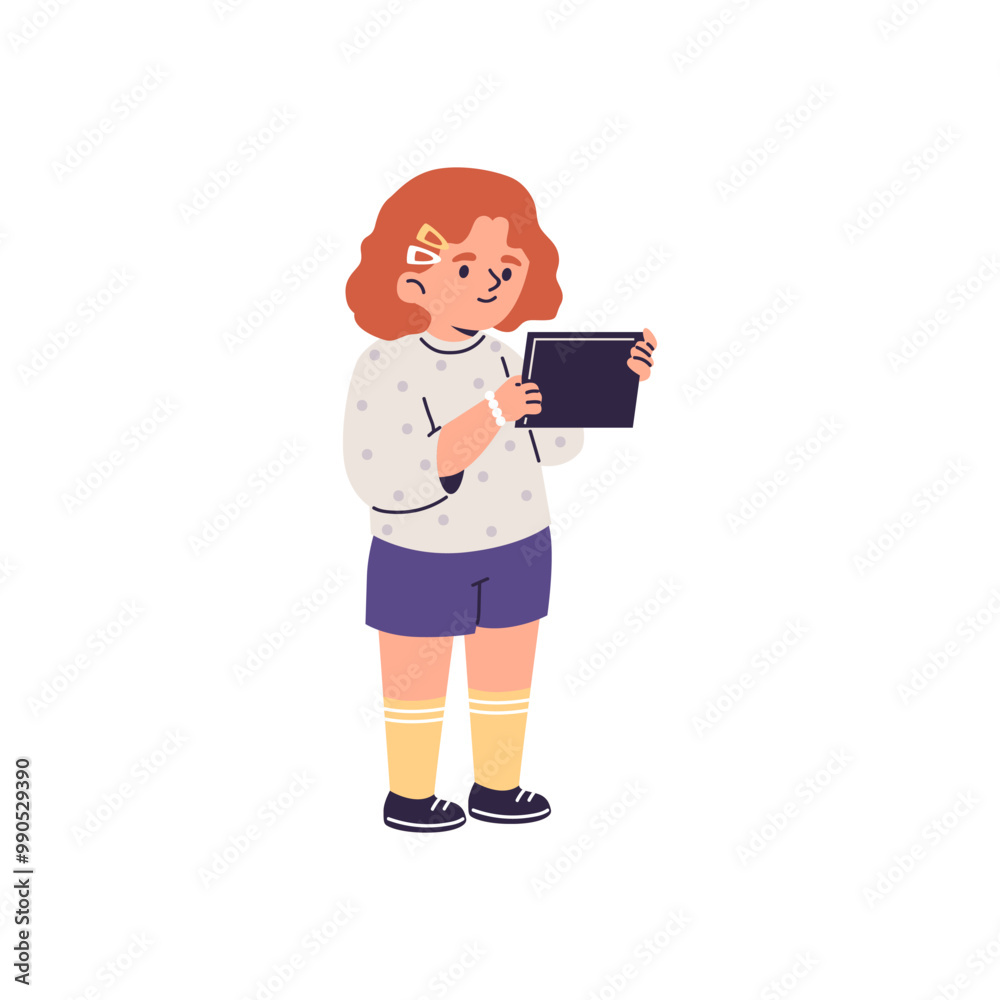 Cute child looking at the smartphone or tablet device, vector little girl using gadgets, online education, communication Cute child looking at the smartphone or tablet device, vector little girl using gadgets, online education, communication