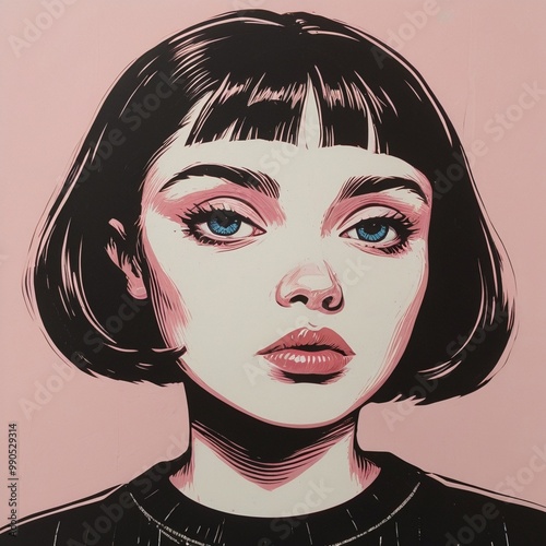 A closeup portrait painting of a cute goth female teen character with black bob hairstyle, wearing black shirt, looking at the camera against paslel pink background. Girl avatar userpic illustration. photo