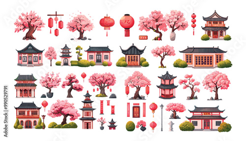 Chinese city streets elements cartoon vector set. Asian buildings stone columns towers pagoda red paper lantern cherry rosewood green bush illustrations isolated on white background