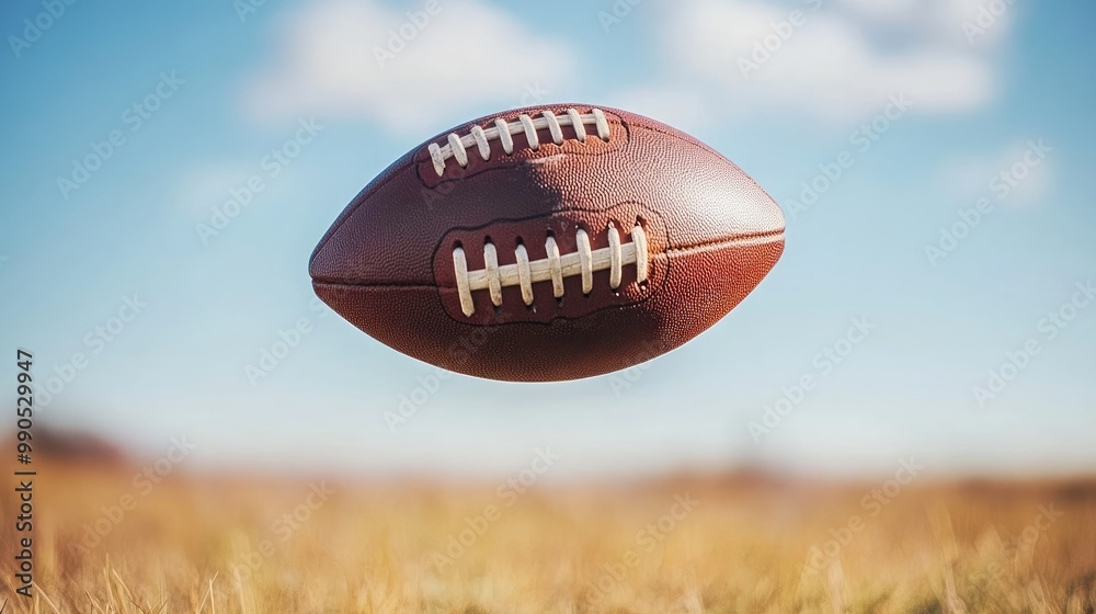 A leather football hovers against a blue sky. This image can be used to represent sports, competition, or teamwork. A leather football hovers against a blue sky. This image can be used to represent sports, competition, or teamwork.