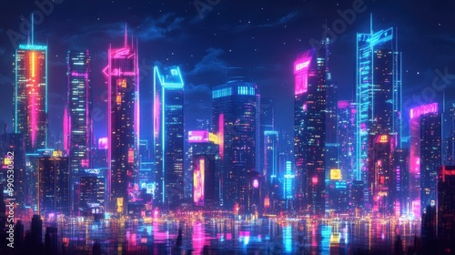 Wallpaper Mural A city skyline at night, with tall buildings illuminated by bright neon lights and glowing signs. Torontodigital.ca