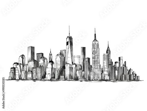 isolate white background, City Skyline - with skyscrapers and urban sprawl., drawings in colure pencil easy, very simple and isolate in the style of animated illustrations, white background