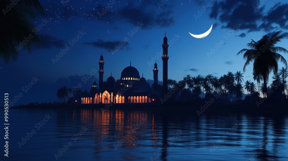 Obraz premium A mosque with lit windows stands on a small island with palm trees under a crescent moon and starry night sky.