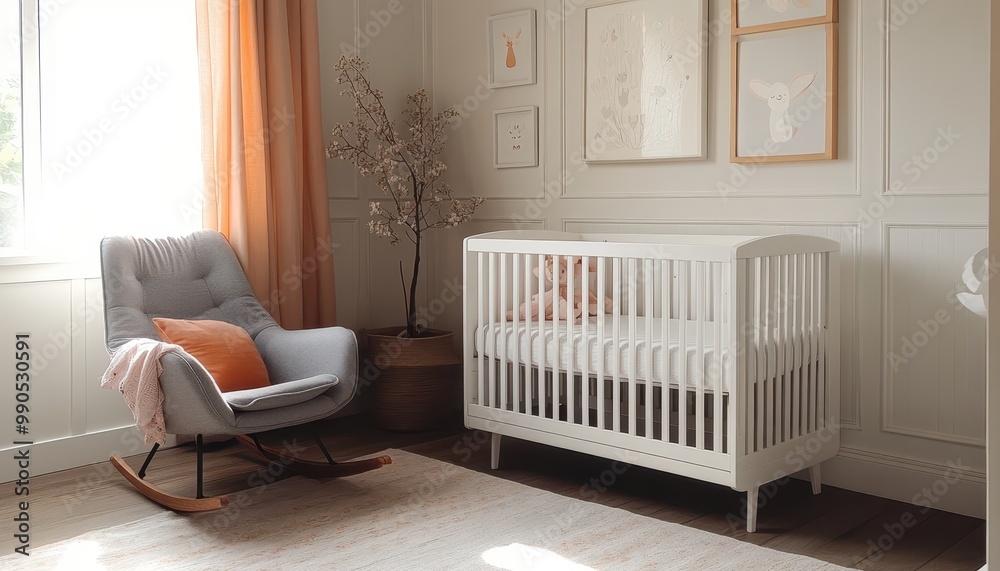 Stylish nursery featuring a white crib and cozy rocking chair, perfect for a baby's peaceful and serene environment. Stylish nursery featuring a white crib and cozy rocking chair, perfect for a baby's peaceful and serene environment.