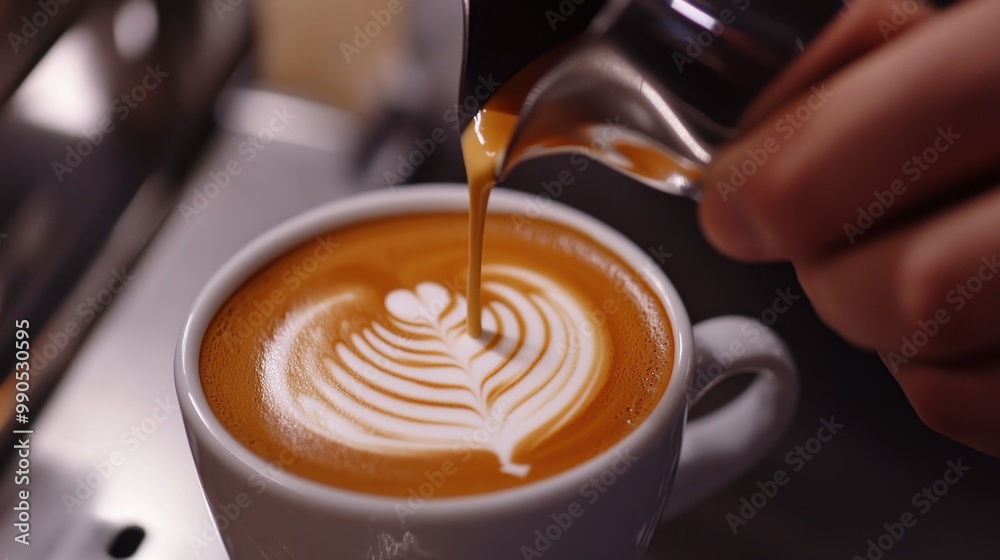 A close-up of a barista hand creating a complex design in the foam of a cappuccino, with focus on the precision of the pour. A close-up of a barista hand creating a complex design in the foam of a cappuccino, with focus on the precision of the pour.