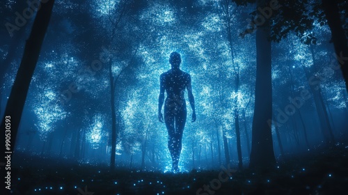 Ethereal Figure in Illuminated Forest at Night