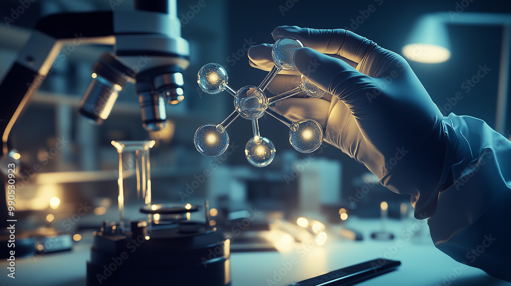 Scientist in lab coat holding molecular model of serotonin receptor, with microscope and scientific instruments, highlighting the significance of neuroscience research. Scientist in lab coat holding molecular model of serotonin receptor, with microscope and scientific instruments, highlighting the significance of neuroscience research.