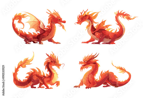 Chinese dragon cartoon vector set. Flying magic serpent creature with wings mustache asian red fire dragons flame burn smoke soaring mythical traditional reptile isolated Illustrations