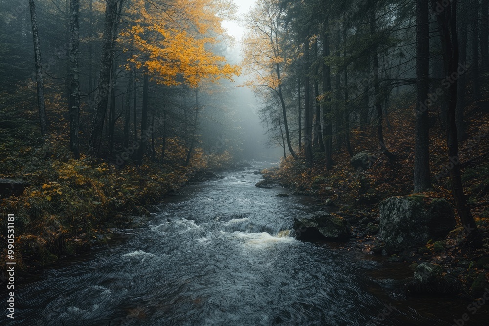 A misty forest stream with autumn leaves. Perfect for nature, tranquility, or peaceful imagery. A misty forest stream with autumn leaves. Perfect for nature, tranquility, or peaceful imagery.