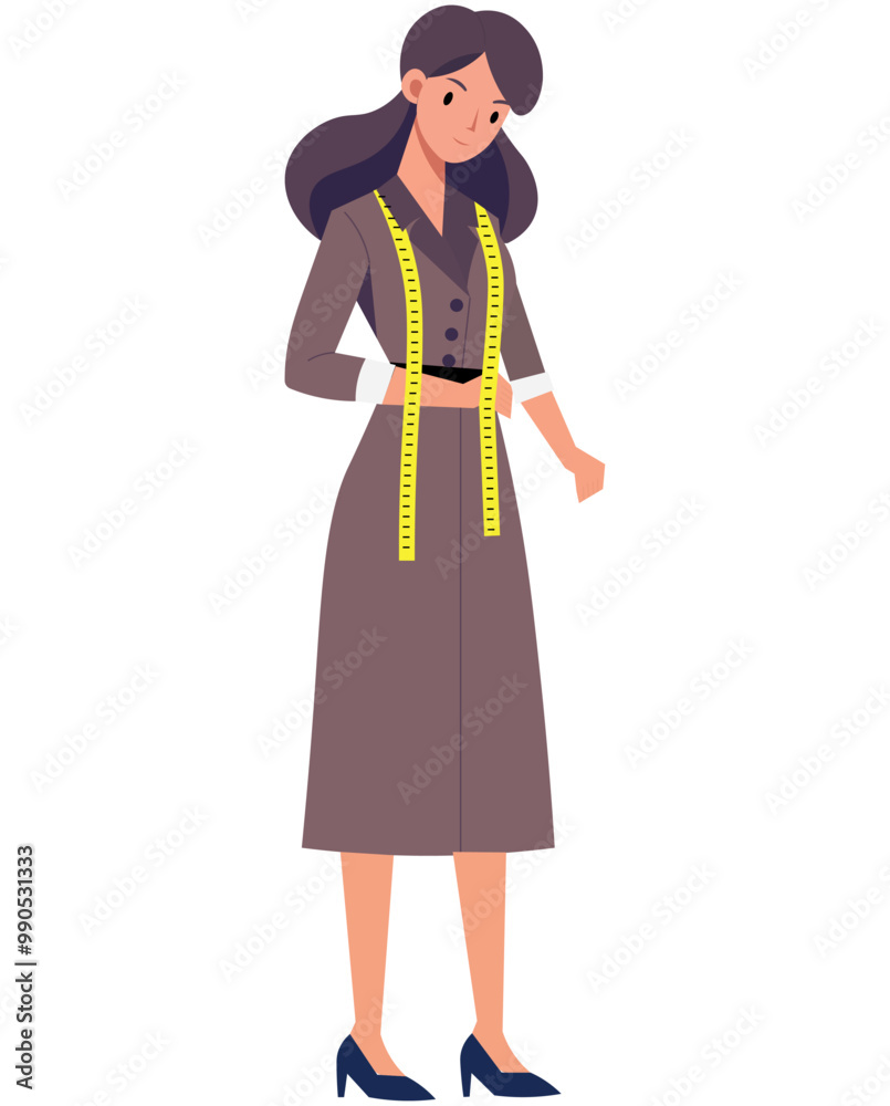 woman, seamstress illustration, flat style, with brown dress woman, seamstress illustration, flat style, with brown dress