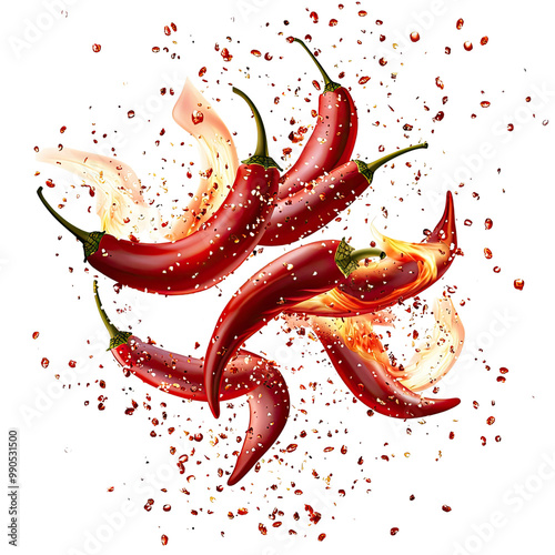 Red chili peppers exploding in a vector illustration on a Transparent background.