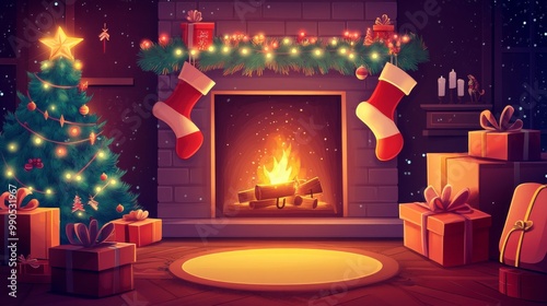 Cartoon fireplace scene with stockings, christmas tree, and gifts in cozy living room