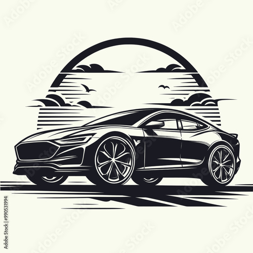 Stylish Sports Car Illustration Sunset Drive Vector Graphic
