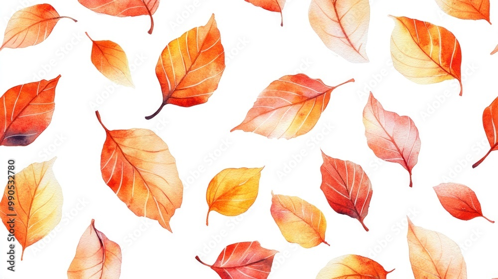 Fototapeta premium Watercolor painting of autumn leaves on white background.