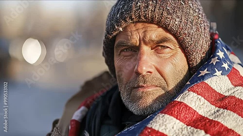 Homeless man sleeps on the pavement in the USA, hiding behind the American flag