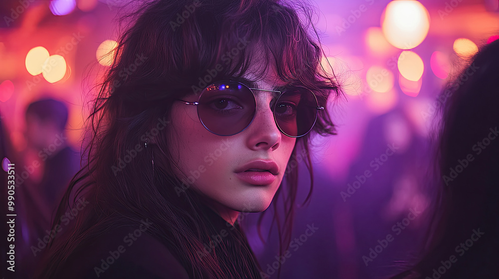 A young woman with dark hair and sunglasses gazes into the distance at a lively party filled with colorful, glowing lights A young woman with dark hair and sunglasses gazes into the distance at a lively party filled with colorful, glowing lights